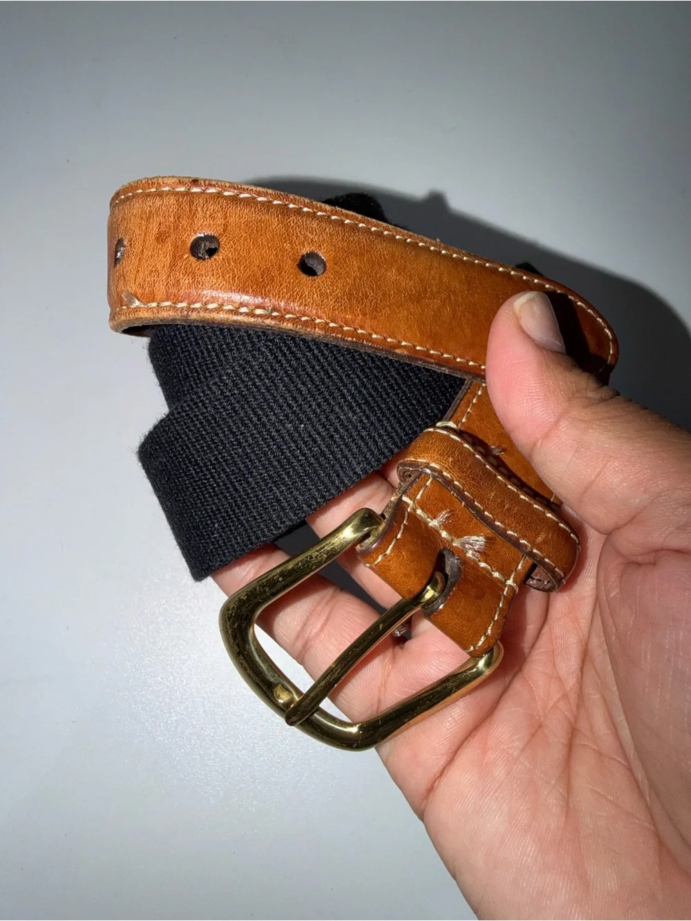 Men's Tan Leather & Black Fabric Belt - Classic Casual Style